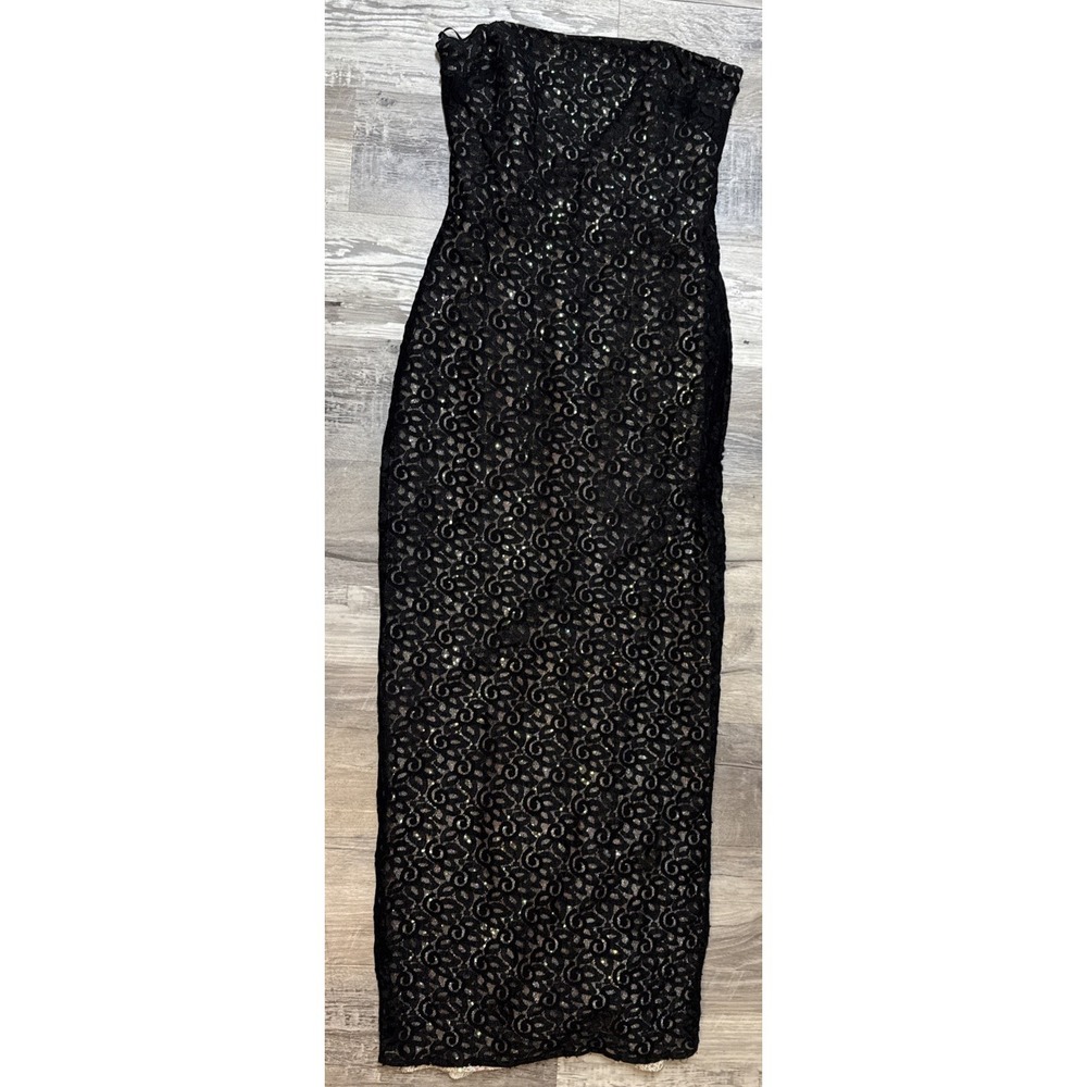 Vtg Jessica McClintock Gunne Sax Black Strapless Maxi Dress Lace Fitted 1990s  7